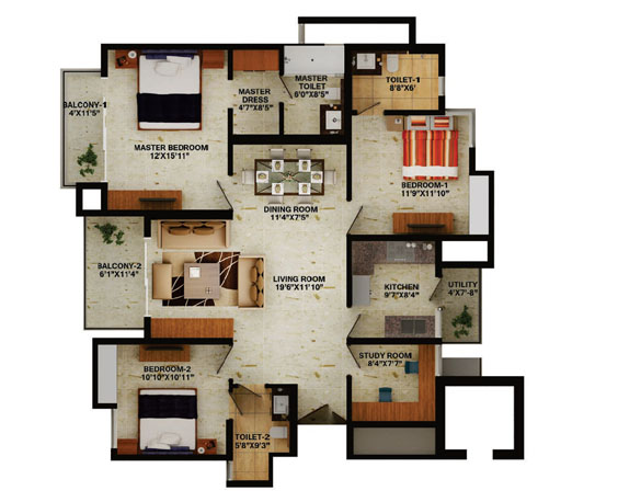 3 BHK Floor Plan Type B