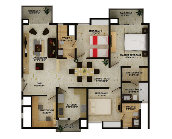 3 BHK Floor Plan Type C