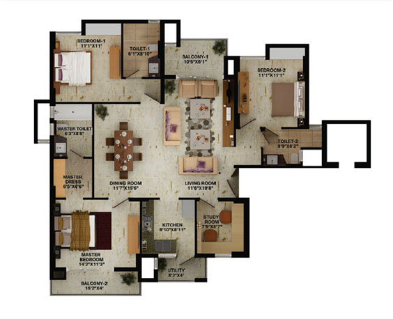 3 BHK Floor Plan Type A